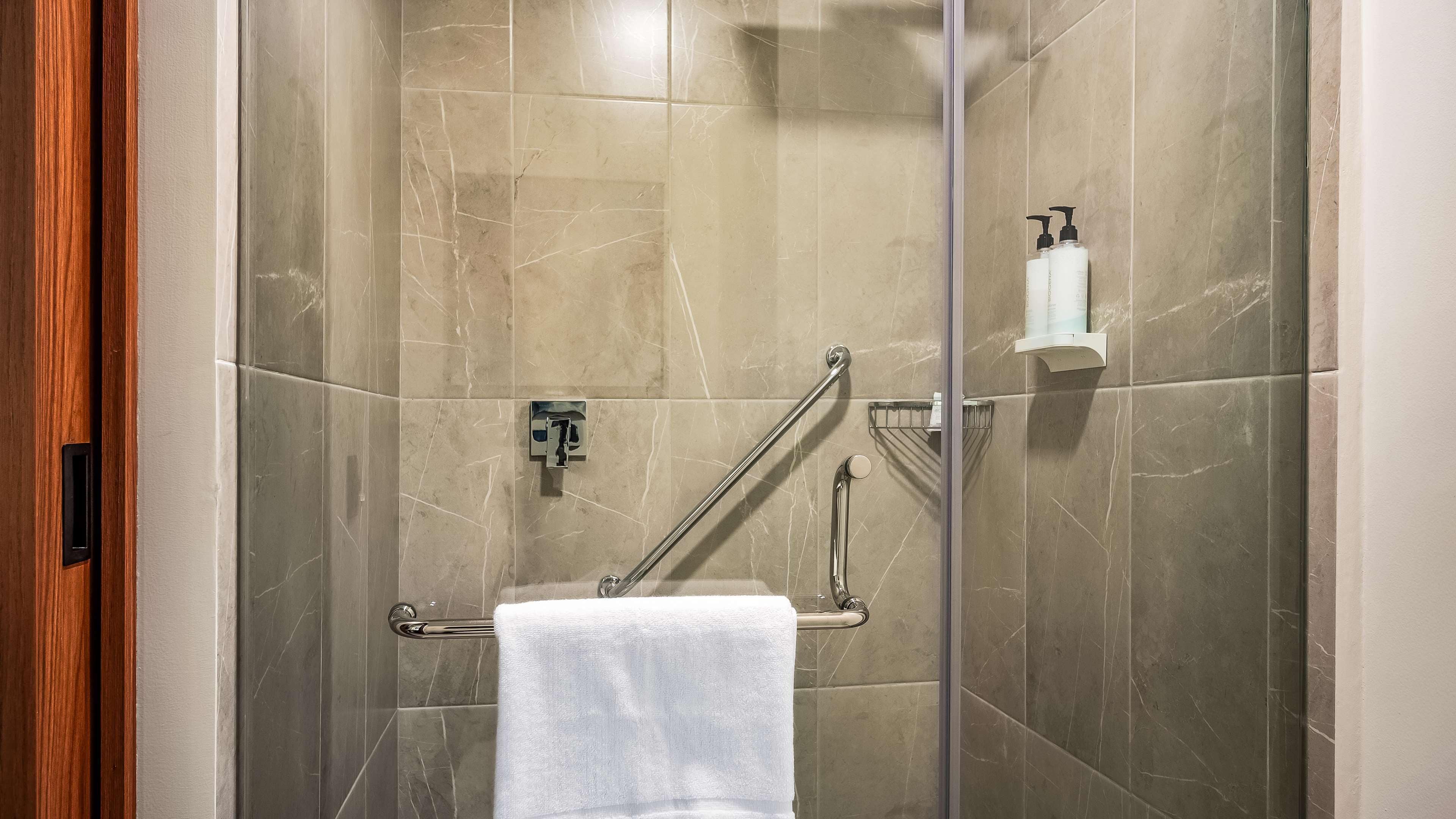A shower area with a glass door, a handrail, a towel rack, and a soap dispenser.