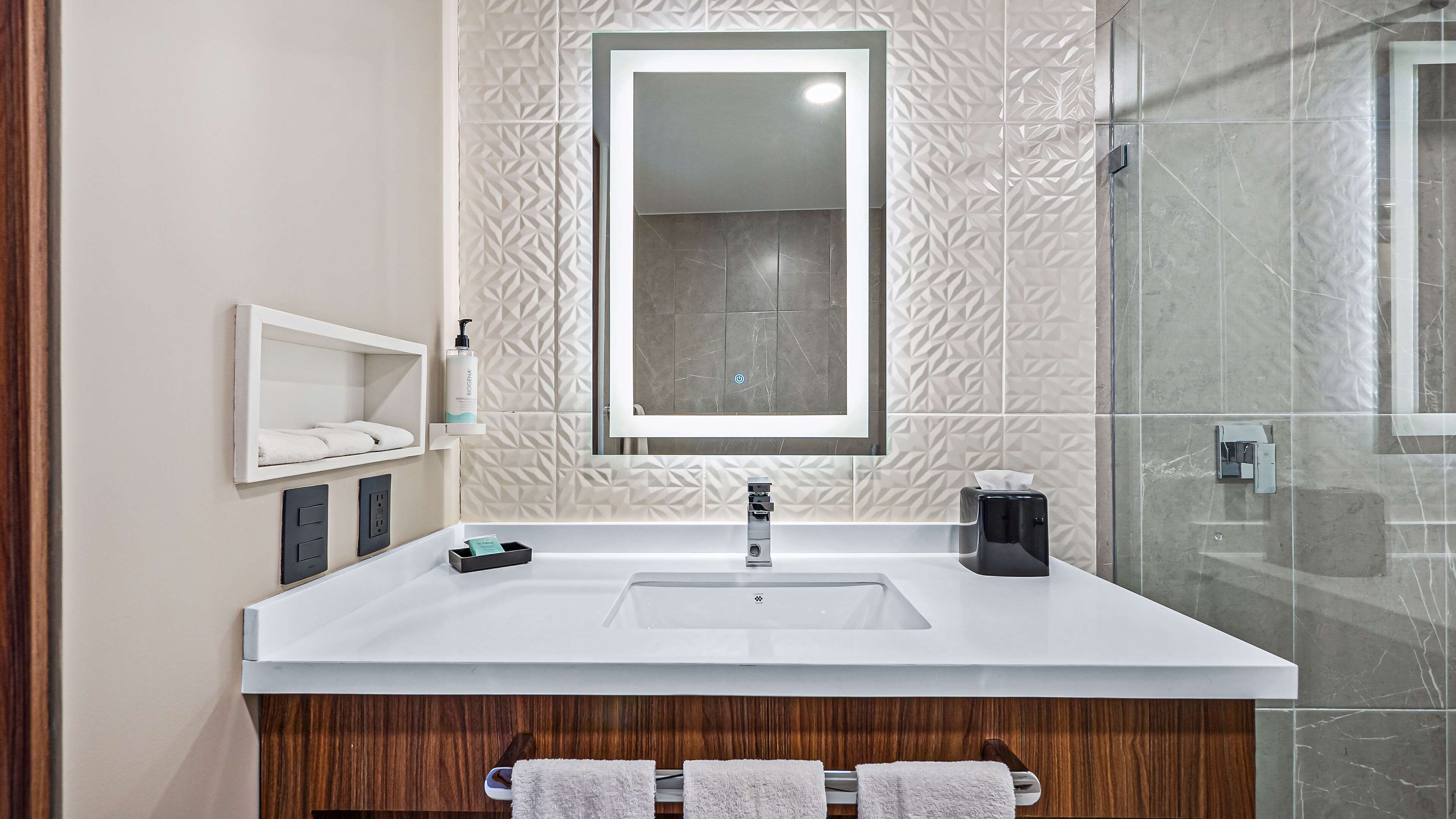 hair dryer, towels, soap, shampoo