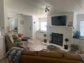 Smart TV, fireplace, DVD player, books