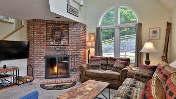 Een televisie, een open haard en een dvd-speler