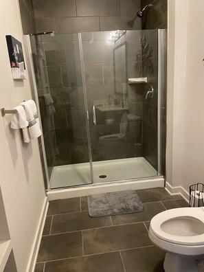 Shower, towels, soap, toilet paper