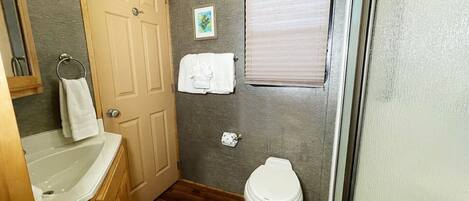 A compact bathroom with a wooden door, a white toilet, a small sink, and a window with blinds.