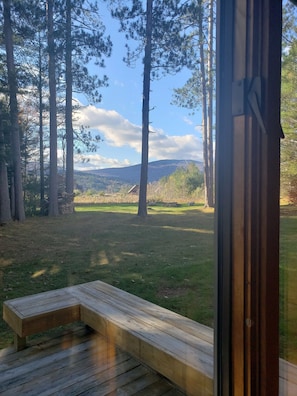 Una terraza de madera con un banco, con vistas a un área verde con árboles altos y montañas al fondo.