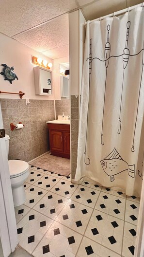 Duschwanne, Haartrockner, Handtücher, Toilettenpapier