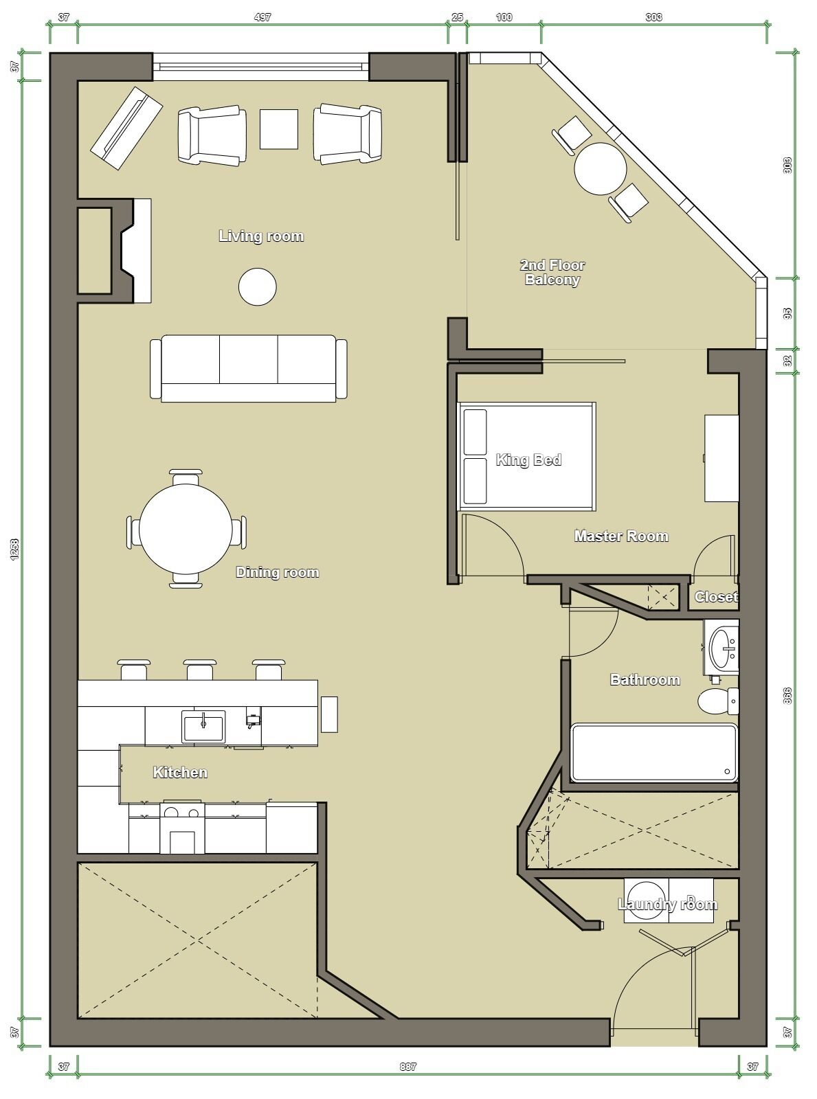 A floor plan of a hotel with a living room, dining room, kitchen, master bedroom, balcony, bathroom, and laundry room.