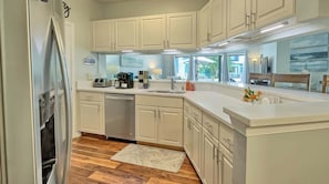 A modern kitchen with white cabinetry, a built-in dishwasher, and a large island with a sink.