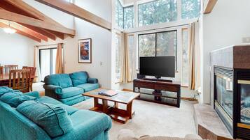 Télévision, cheminée, lecteur de DVD, table de tennis de table