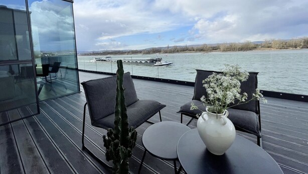 A modern outdoor seating area with a glass wall overlooking a river, featuring a cactus and a vase with flowers. - Modernes Apartment mit Wunderschönem Rheinblick (Urmitz)