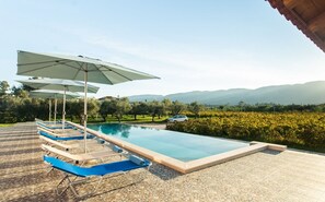 A swimming pool with lounge chairs and umbrellas, surrounded by a landscaped garden and mountains in the background.