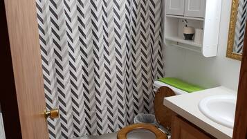 Combined shower/tub, towels