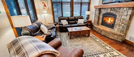 Televisión, chimenea, reproductor de DVD y estéreo