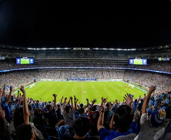 A stadium filled with spectators, a soccer field, and the stadium name 'METLIFE STADIUM'.