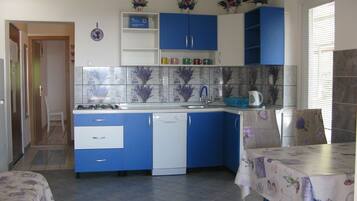 Fridge, coffee/tea maker, cookware/dishes/utensils