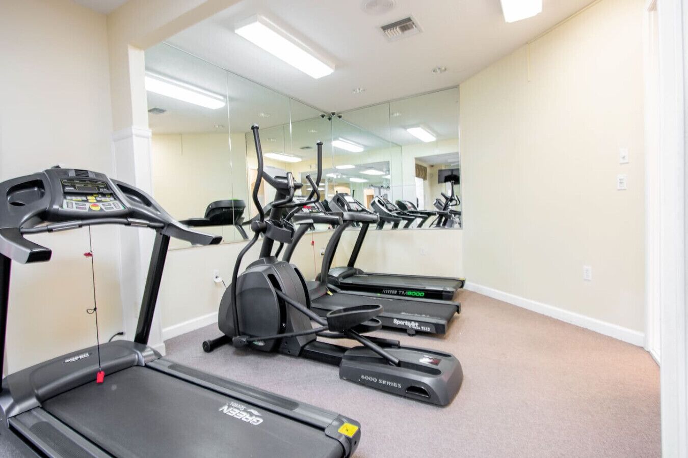 A gym with treadmills, elliptical machines, and a mirrored wall.
