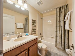 Combined shower/tub, hair dryer