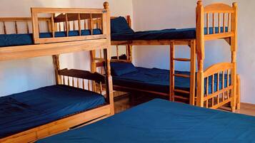 A dormitory room with bunk beds and a wooden ladder.