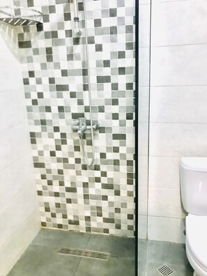 Ein Duschbereich mit gefliesten Wänden und einer weißen Toilette.