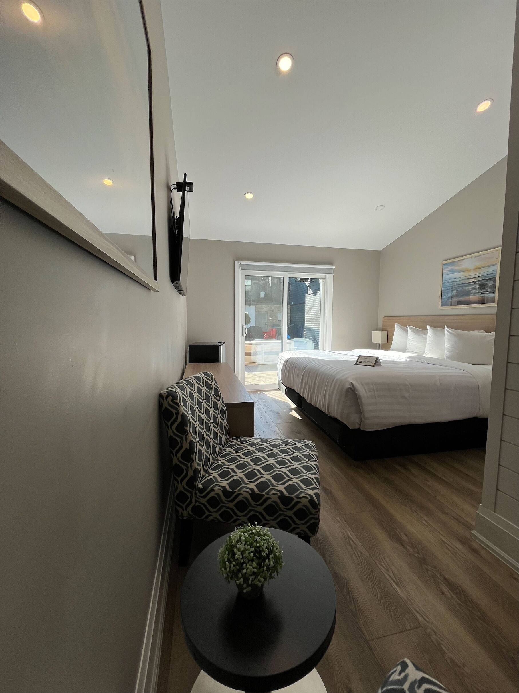 Habitación de hotel moderna con una cama, una silla, una mesita con una planta y vistas al exterior a través de una puerta corredera.