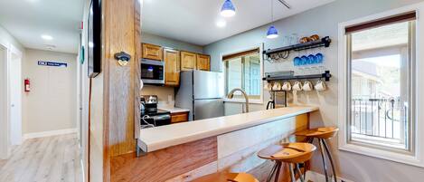 Fridge, microwave, oven, stovetop