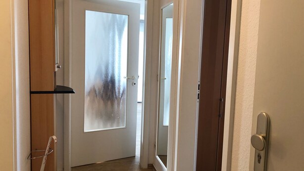 A hallway with a frosted glass door, a wooden door, and a metal door with a key lock. - Hafenstrasse 22 Whg. 7 - Comfortable apartment (Zingst)