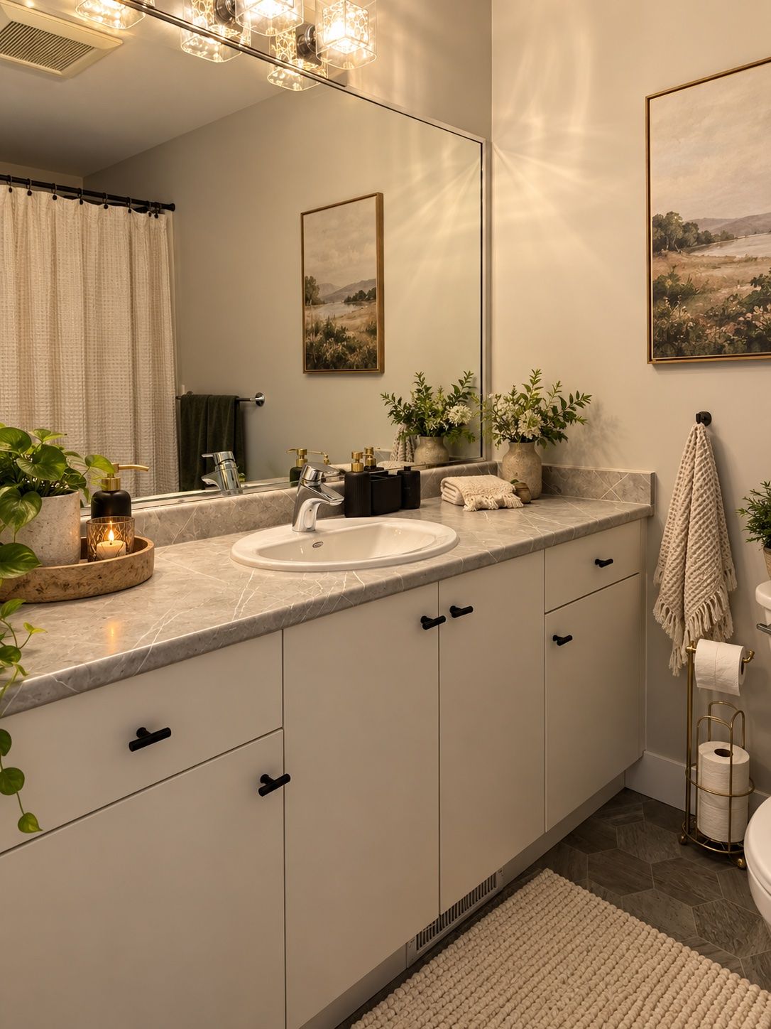 A modern bathroom with a large mirror, a sink, and a toilet. There are plants and decorative items on the counter.