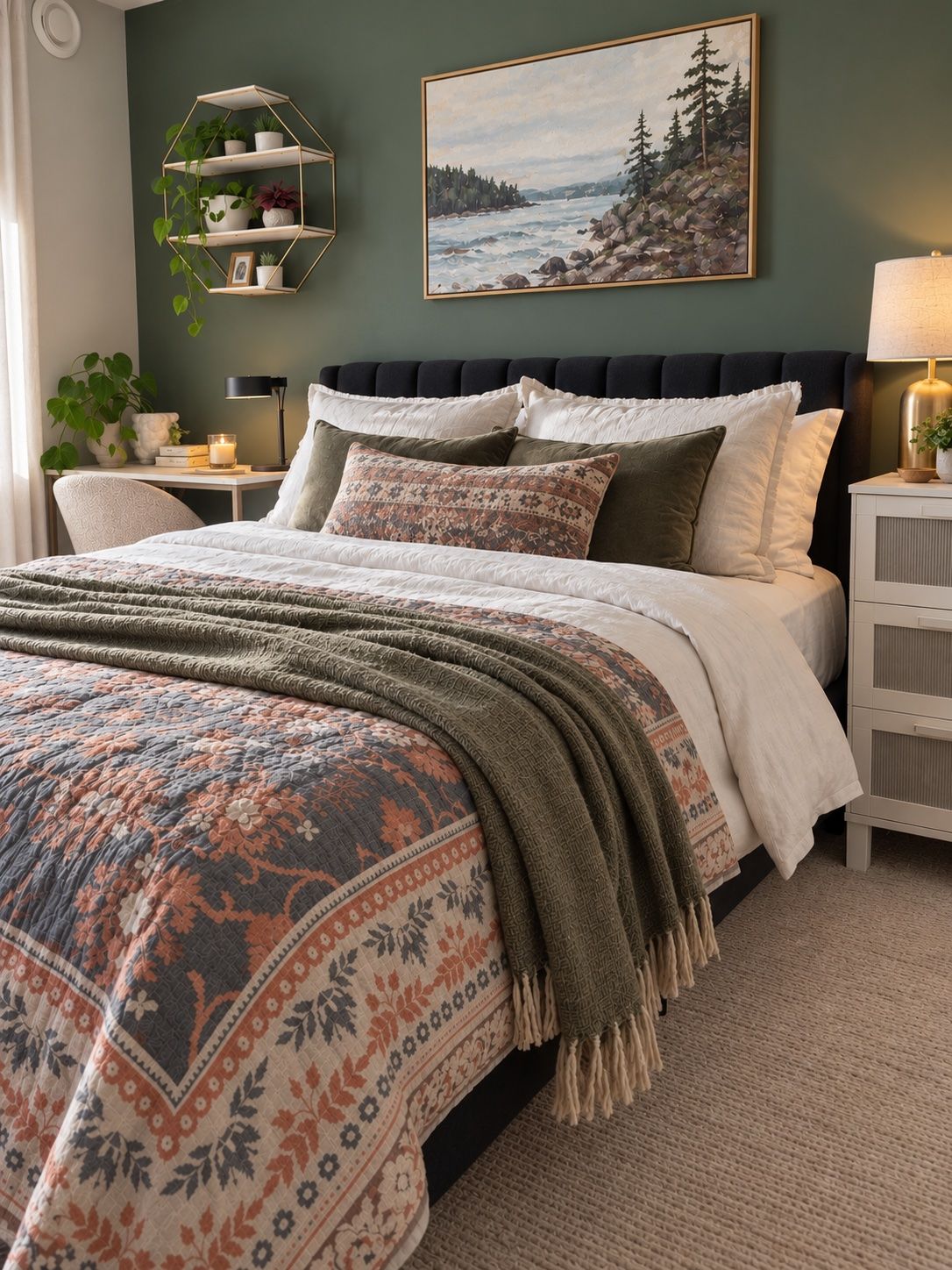 A bedroom with a bed, a nightstand, a wall-mounted shelf, and a painting.