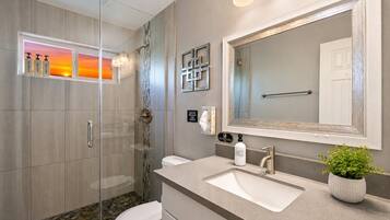 Combined shower/tub, eco-friendly toiletries, hair dryer, towels