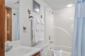 Ensemble douche/baignoire, sèche-cheveux, serviettes fournies, savon