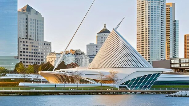 Une structure architecturale moderne, dotée d’un toit triangulaire et d’une façade en verre, située dans un environnement urbain, avec des immeubles de grande hauteur en arrière-plan.