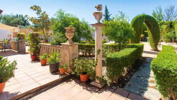 Un jardín bien cuidado con plantas en macetas, una fuente y setos perfectamente recortados.