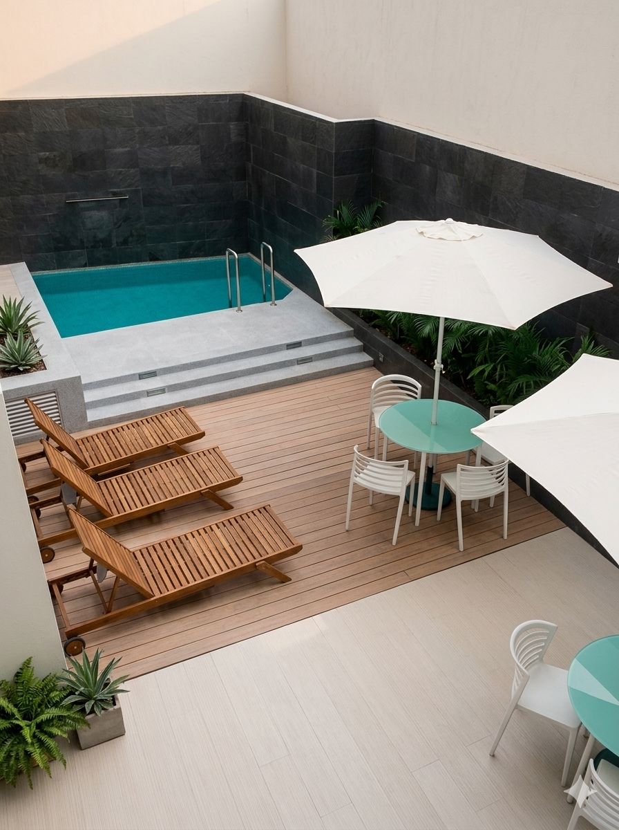 A poolside area with a wooden deck, a pool, and a table with chairs.