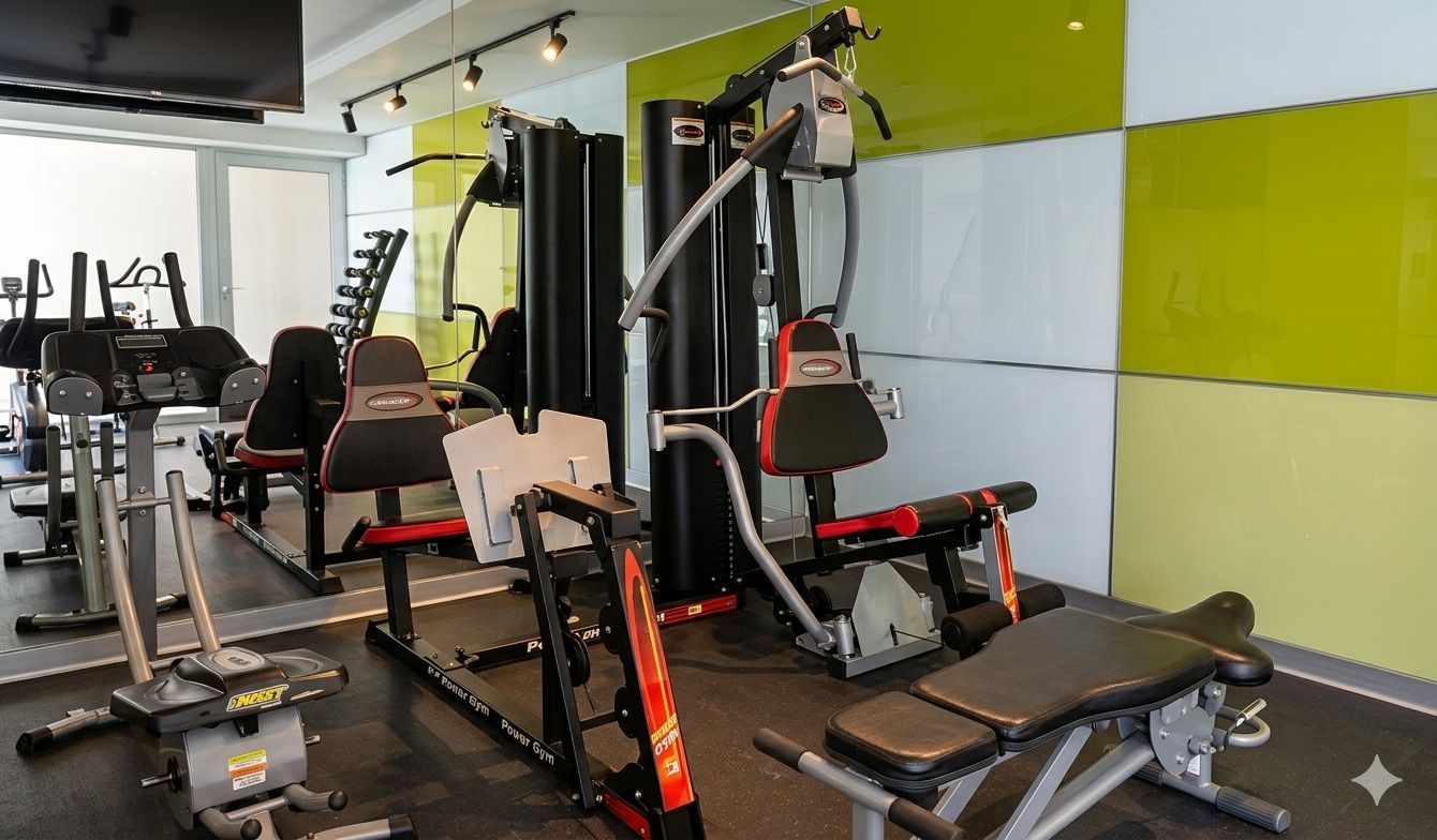 A gym with various exercise equipment, including weight machines and benches.
