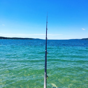 A fishing rod in clear water with a distant shoreline.
