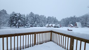 A wooden deck with snow-covered ground and trees in the background.