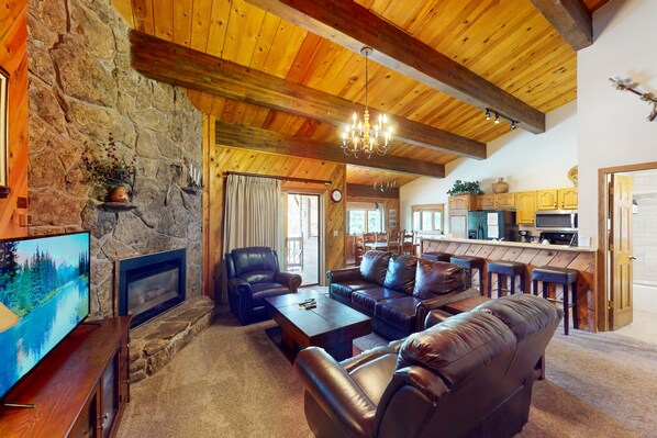 Télévision, cheminée, livres