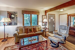 TV, fireplace, books