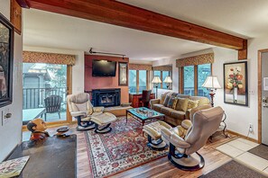 TV, fireplace, books