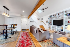 TV, fireplace, DVD player, books