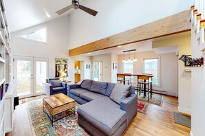 TV, fireplace, DVD player, books