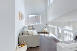 TV, fireplace, books, stereo