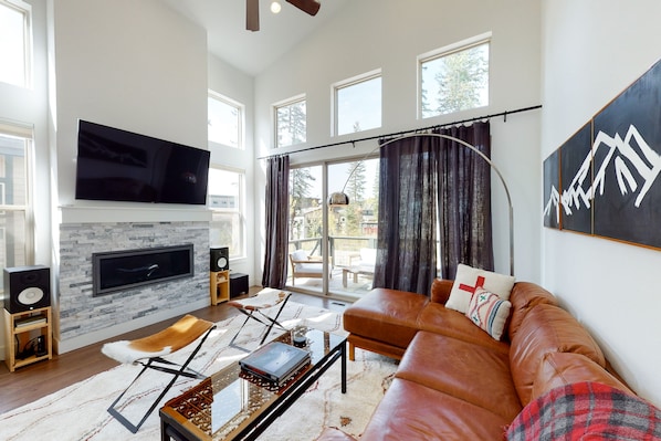 TV, fireplace, books, stereo