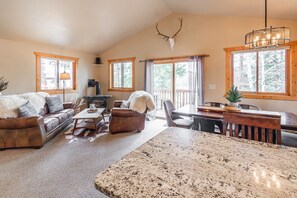 TV, fireplace, books, stereo