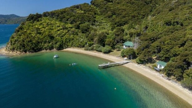 A coastal area with a pier extending into clear blue waters, surrounded by dense green hills.