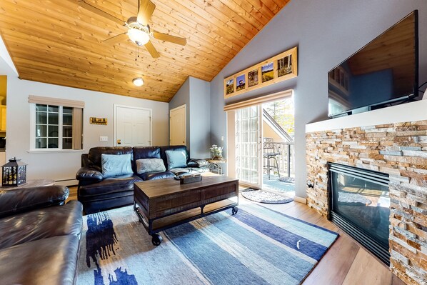 Fernseher, Kamin, DVD-Player, Bücher