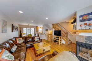 TV, fireplace, DVD player, books