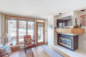 Televisión, chimenea, reproductor de DVD y estéreo 