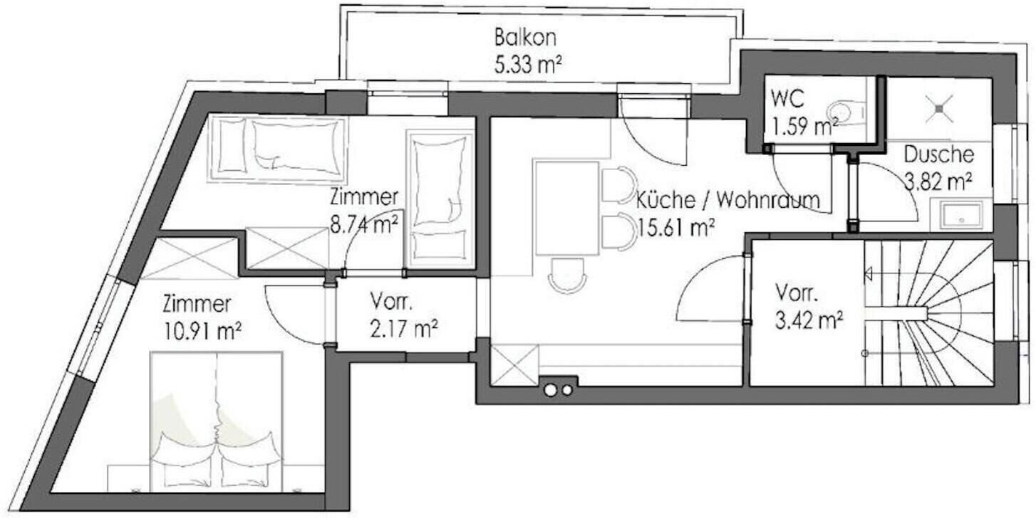 A floor plan with a balcony, two bedrooms, a bathroom, a kitchen, a WC, and a living room.