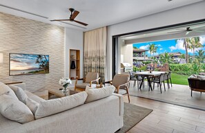 TV, fireplace, stereo - Maui Resort Rentals: Luana Garden Villas 16B – Modern 3BR Villa at Kaanapali’s Newest Luxury Residences! (Lahaina)