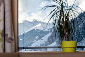 Une fenêtre donnant sur des montagnes enneigées, avec une plante en pot jaune au premier plan.