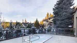 Un área de piscina en la azotea con un jacuzzi, rodeada de árboles cubiertos de nieve y edificios residenciales.